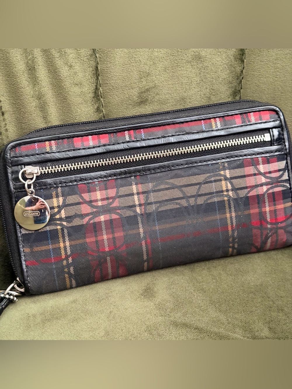 Coach Black Plaid Zip Wallet with Red and Tan Accents